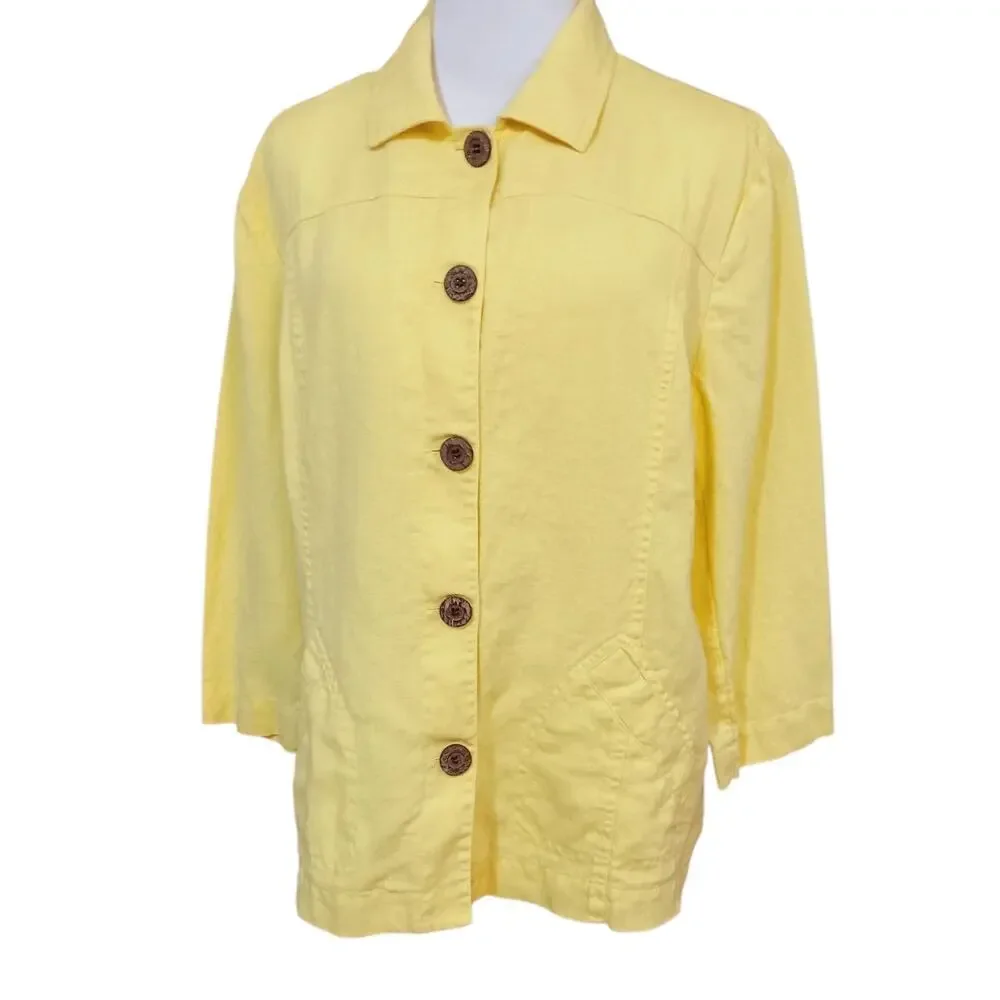 CHICO'S 1 Yellow 100% Linen Jacket M Pockets Light Office Career Travel Vacation